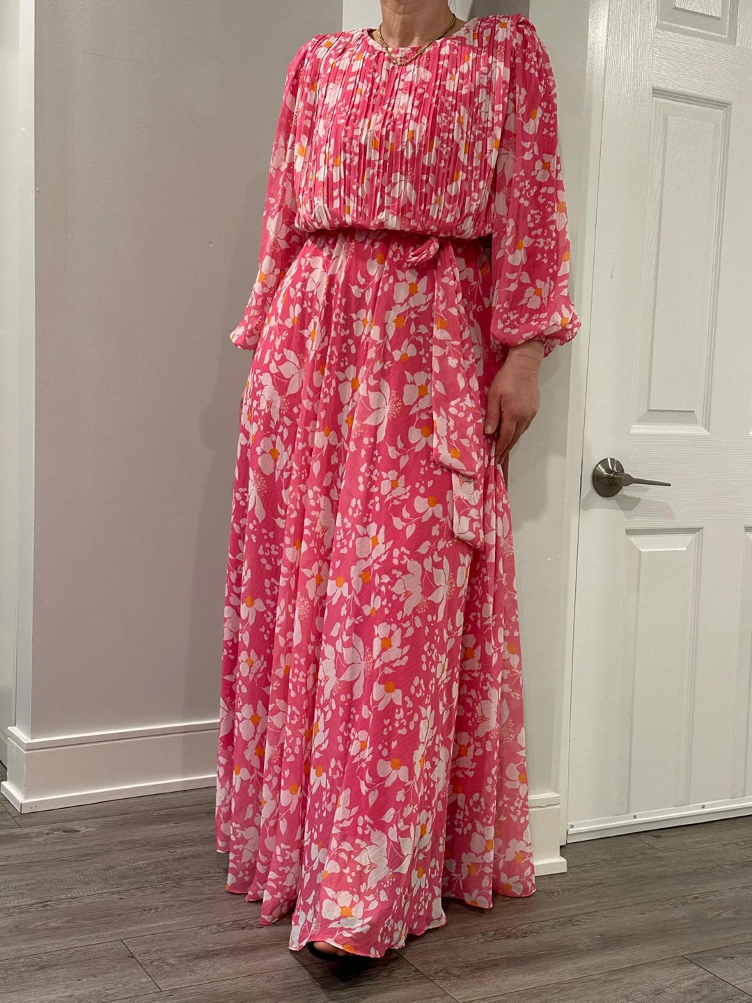 Pink Floral Maxi Dress with Pleated Bodice