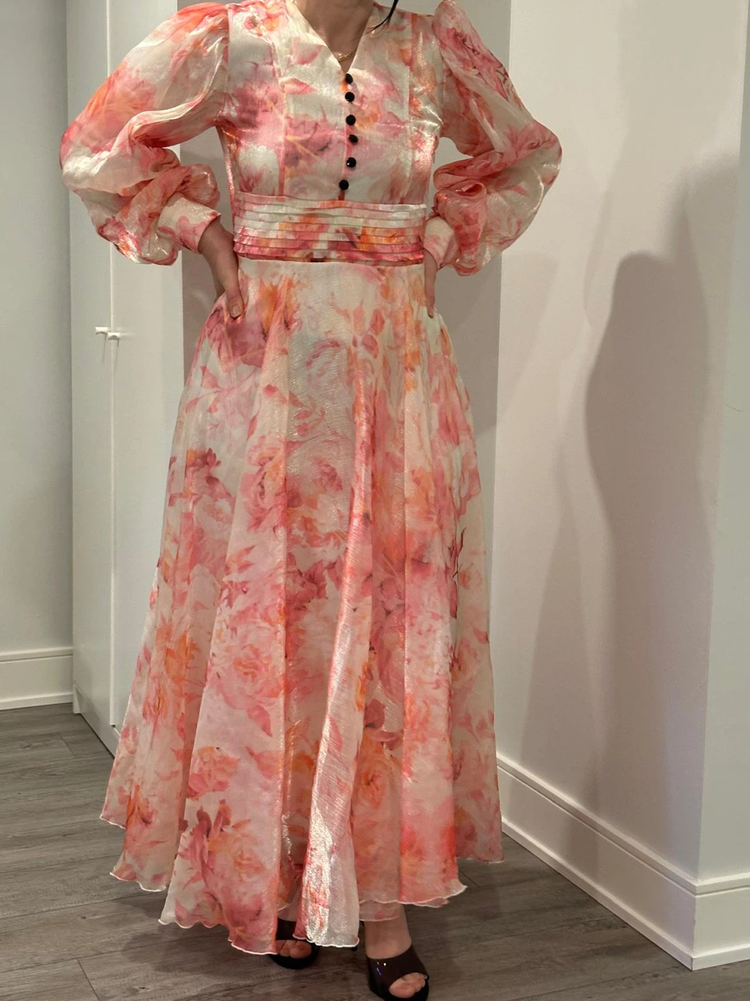 Pink Floral Maxi Dress with Pleated Bodice - photo 4