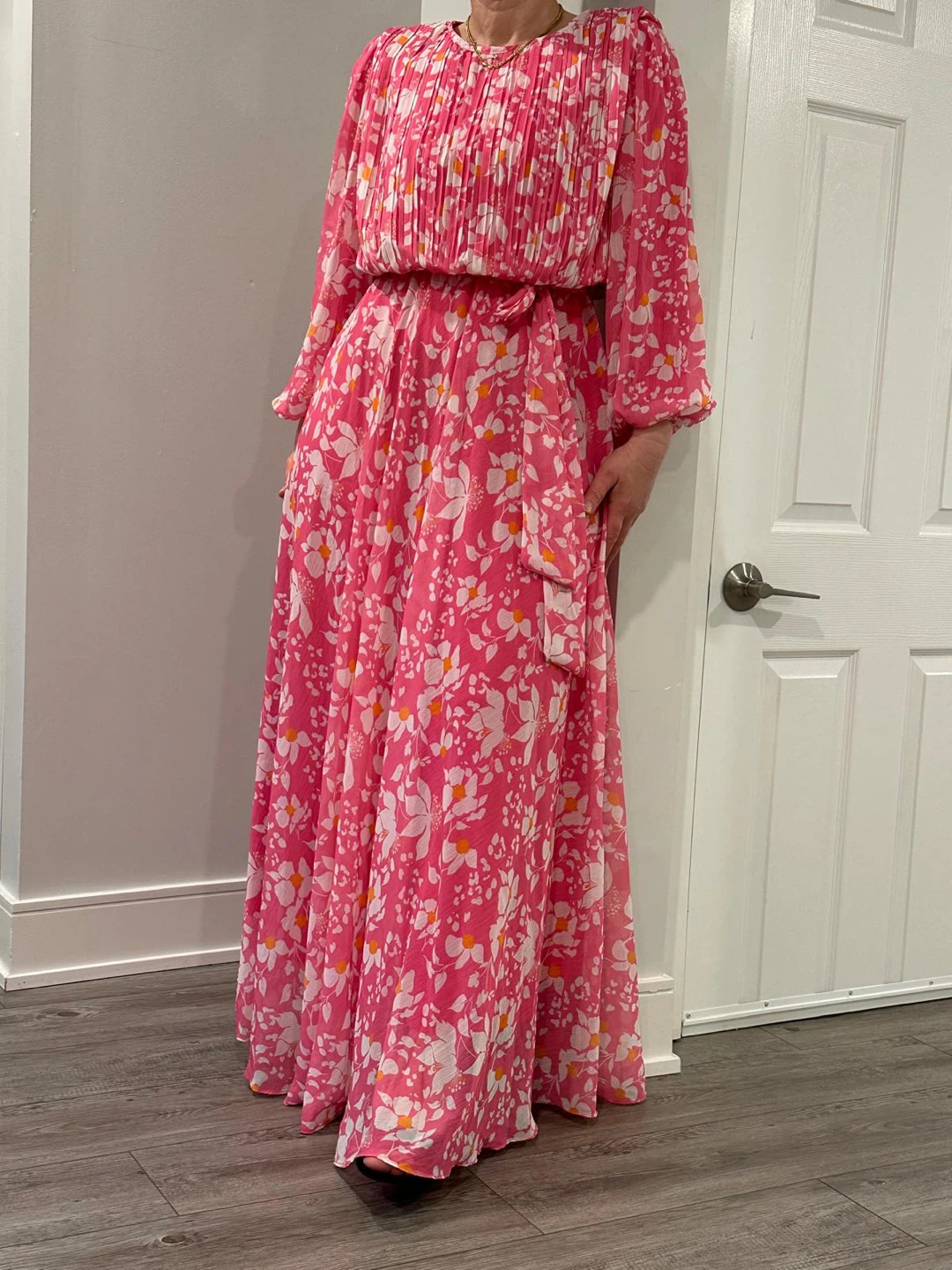 Pink Floral Maxi Dress with Pleated Bodice - photo 2