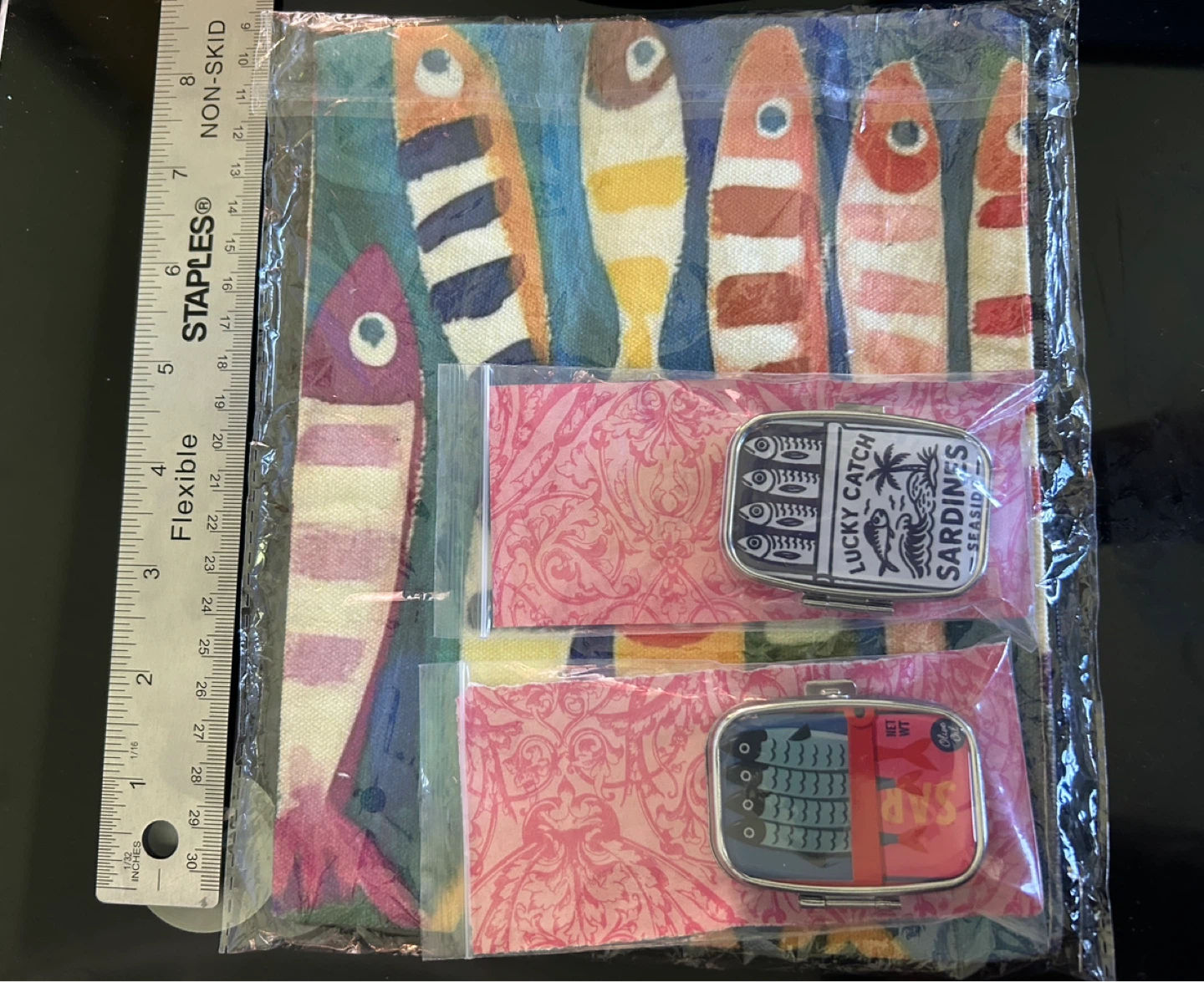 Fish Print Bag and Sardine Pill Boxes