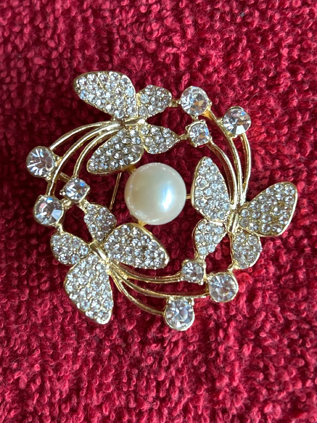 Gold-tone Brooch with Pearl and Rhinestone Butterflies