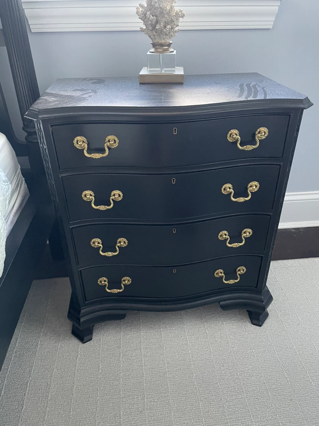 Black Nightstand with Ornate Gold Pulls