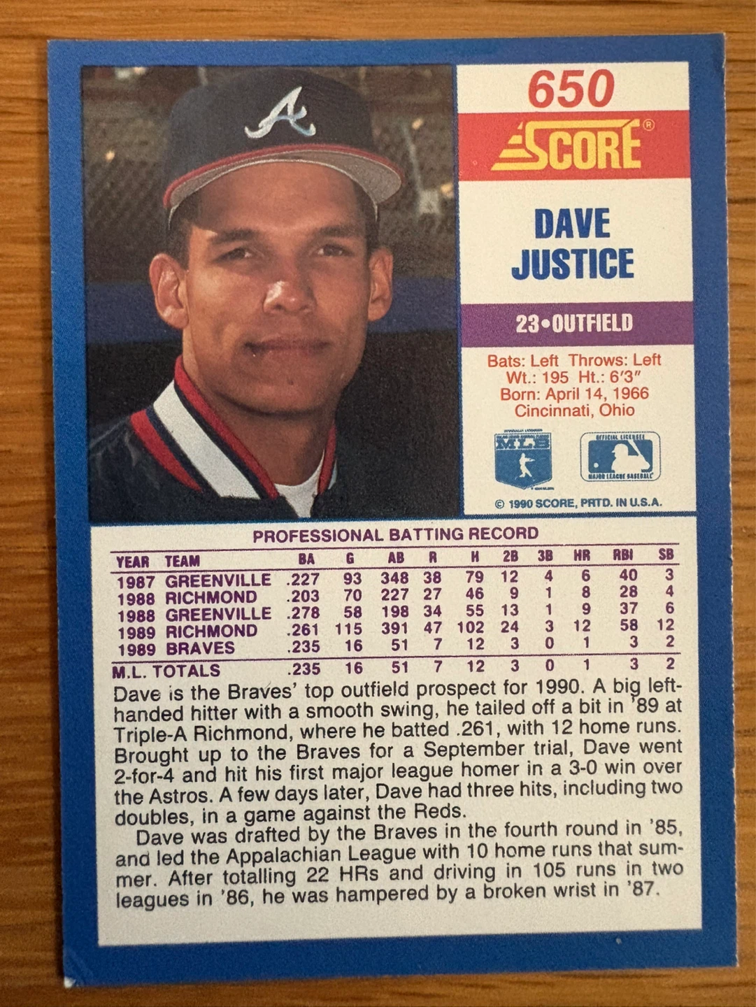 1990 Score Dave Justice Baseball Card Autographed - photo 2