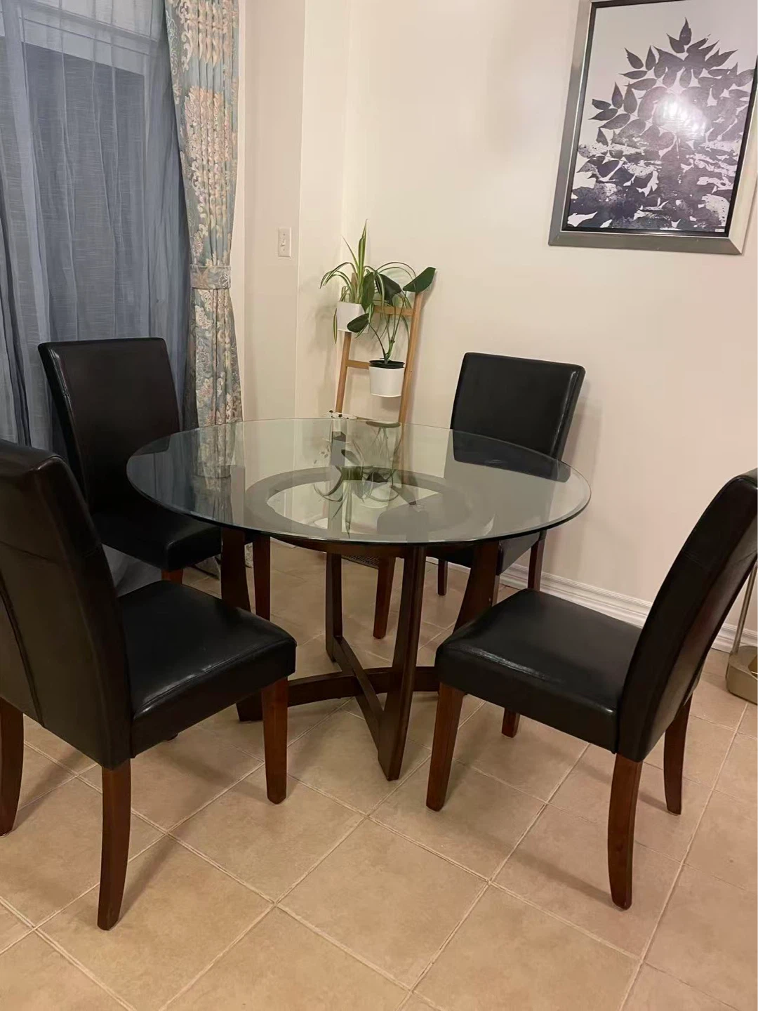 Glass Dining Table Set with 4 Black Chairs