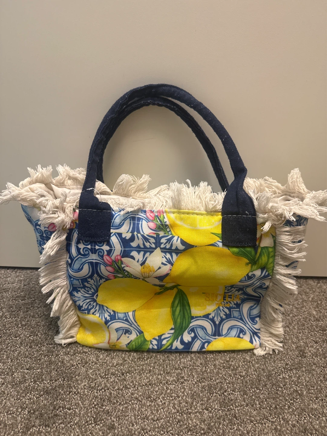 Sicilia Italia Lemon Print Tote Bag with Fringe
