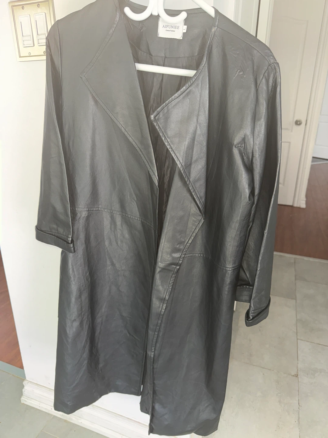 AIFUNIEE Black Faux Leather Trench Coat