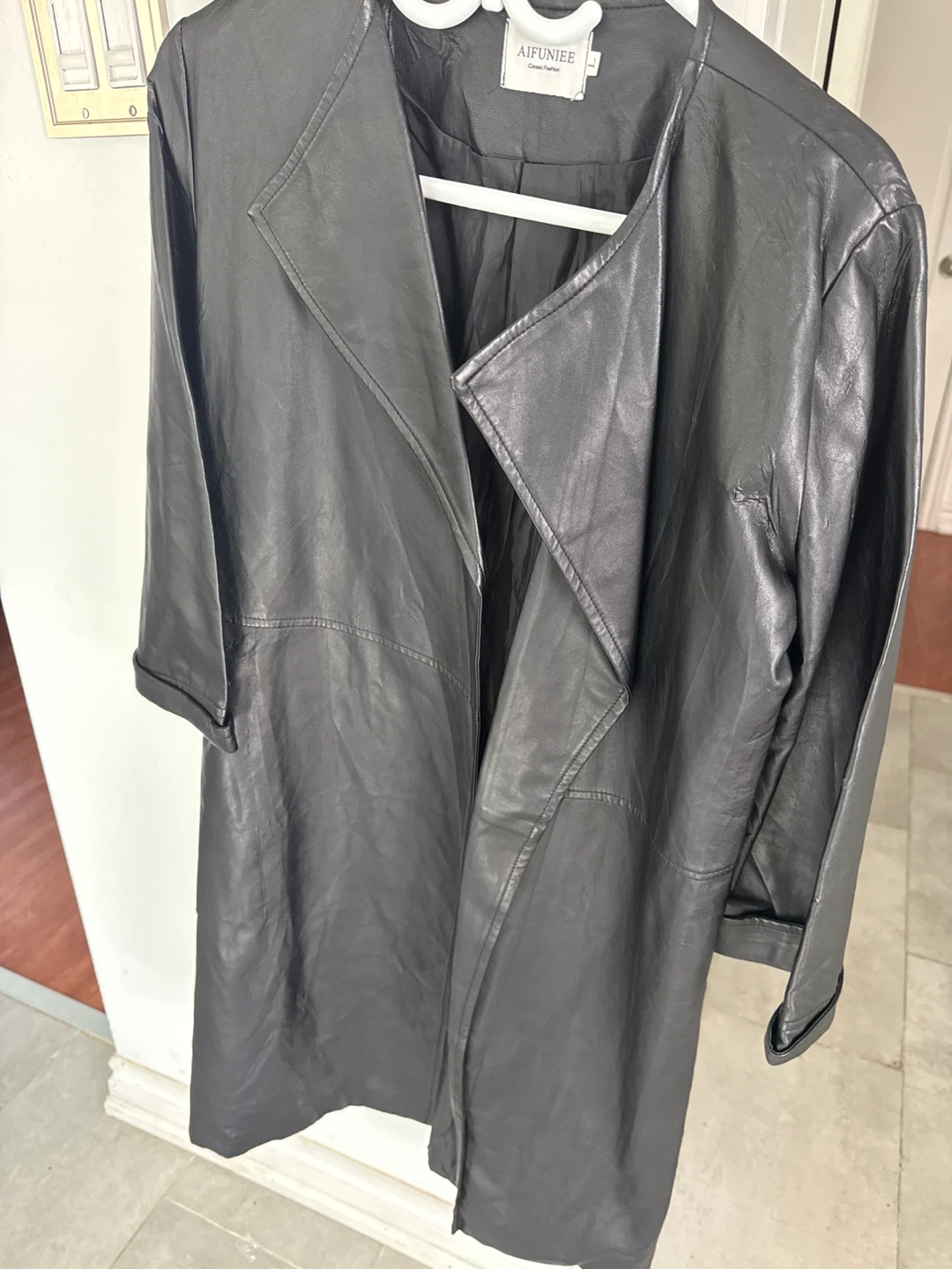 AIFUNIEE Black Faux Leather Trench Coat - photo 3