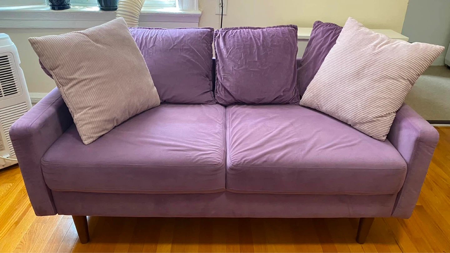 Purple Suede Sofa with Pillows
