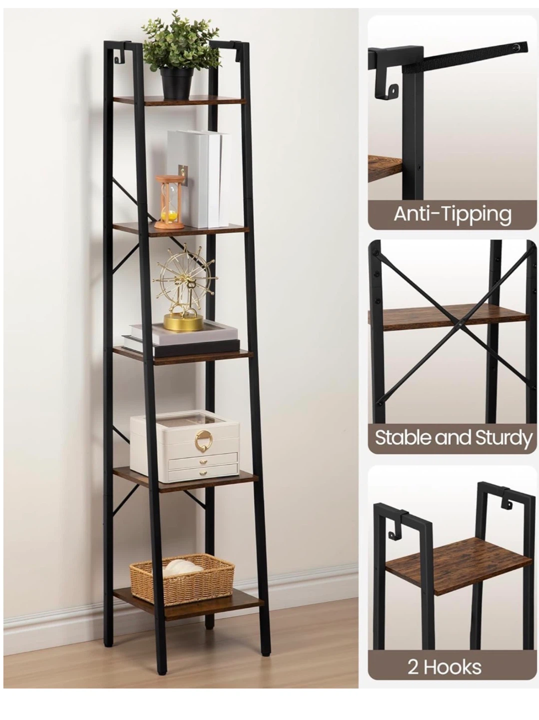 Hzuaneri 5-Tier Ladder Shelf - Rustic Brown 5LS - photo 3