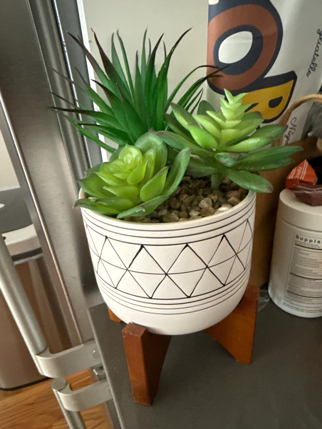 Faux Succulent Plant in Geometric Pot with Wood Stand