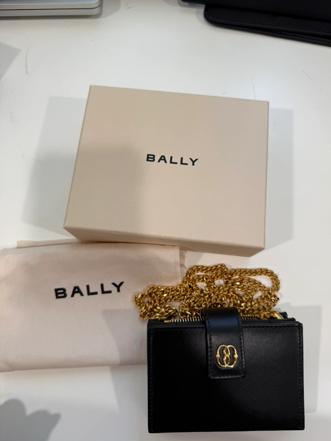 Bally Black Leather Wallet with Gold Chain