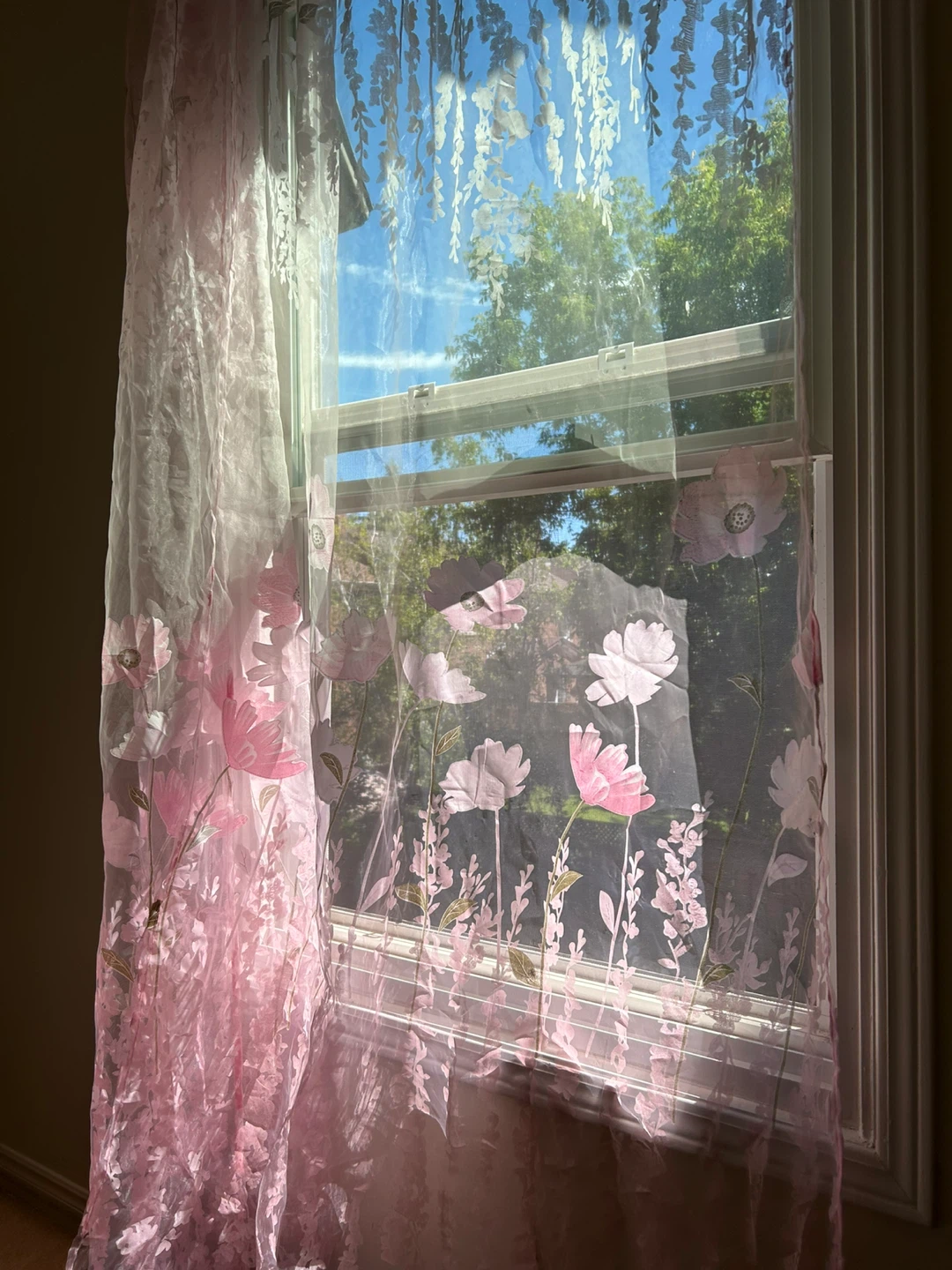 Sheer Floral Window Curtains - Pink Flowers