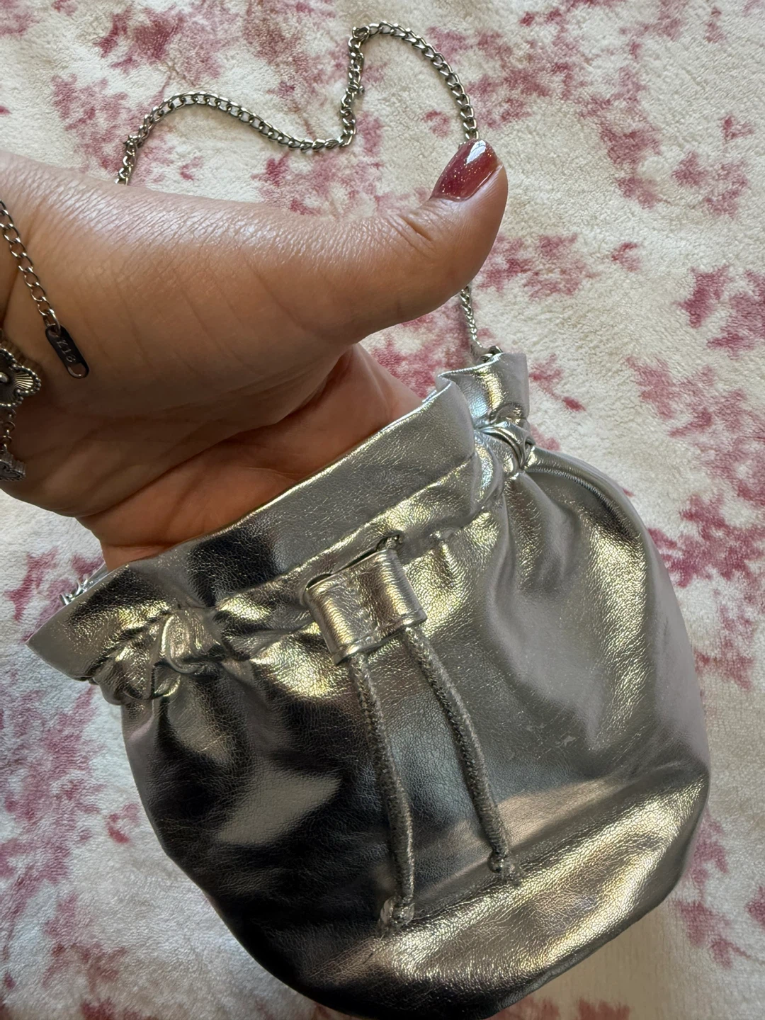 Silver Faux Leather Drawstring Bag with Chain Strap - photo 2