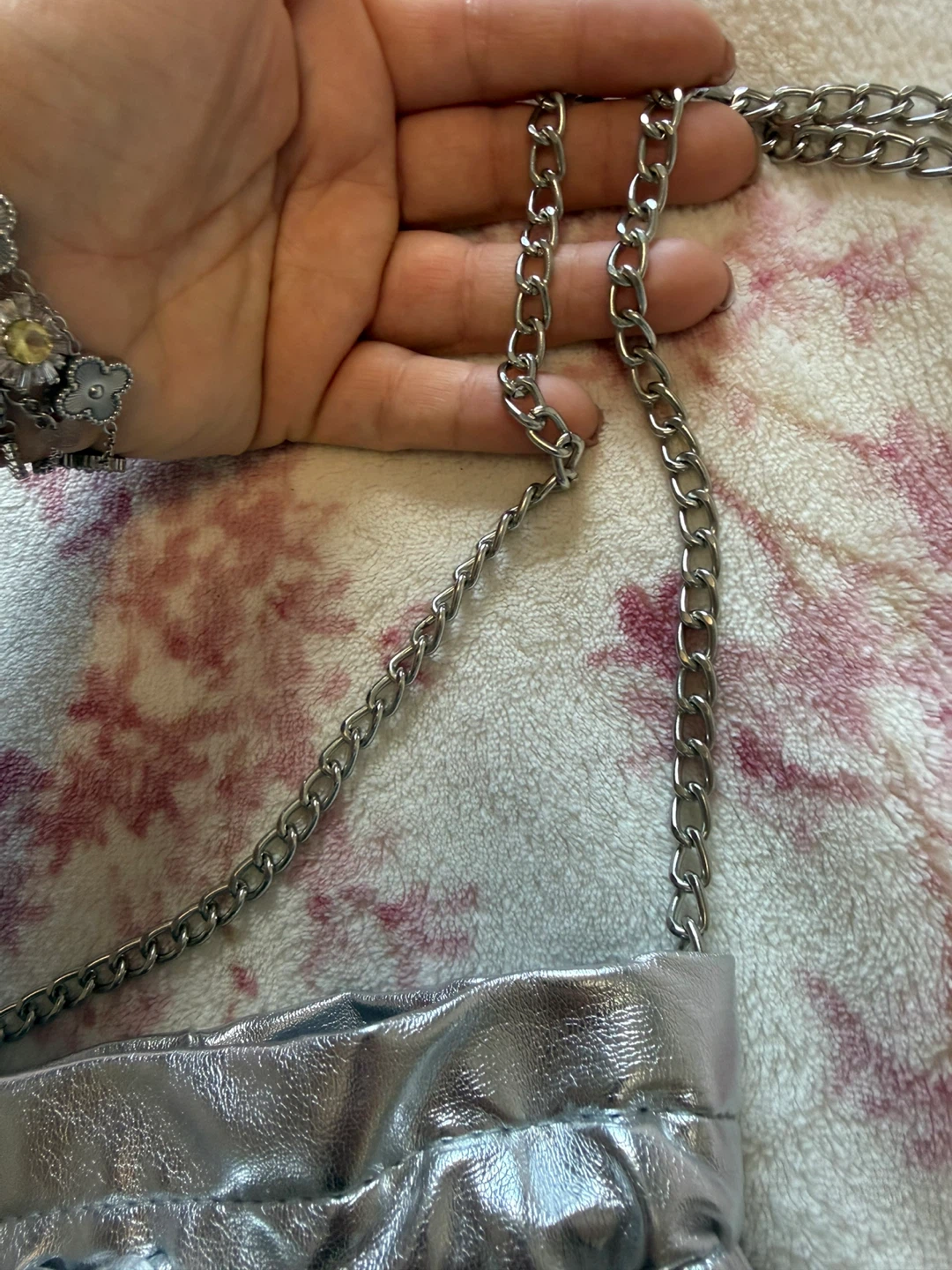 Silver Faux Leather Drawstring Bag with Chain Strap - photo 5