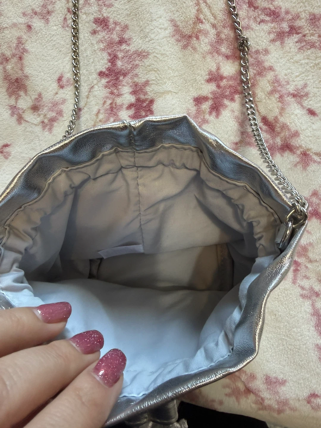 Silver Faux Leather Drawstring Bag with Chain Strap - photo 3