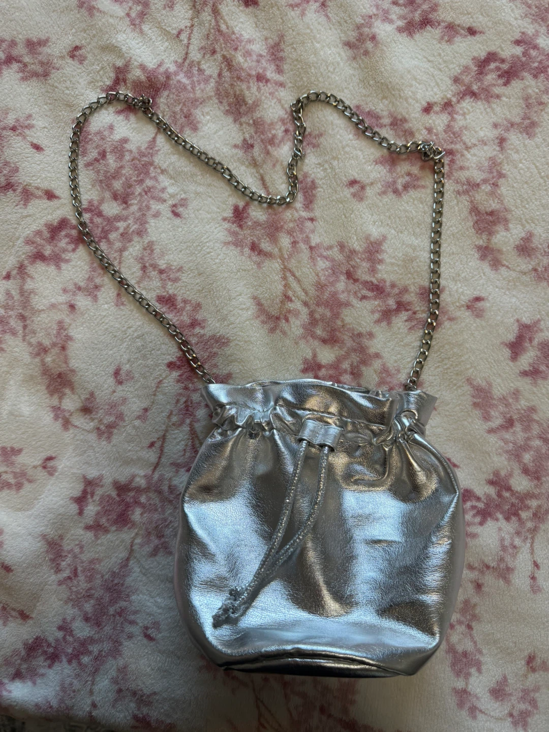 Silver Faux Leather Drawstring Bag with Chain Strap