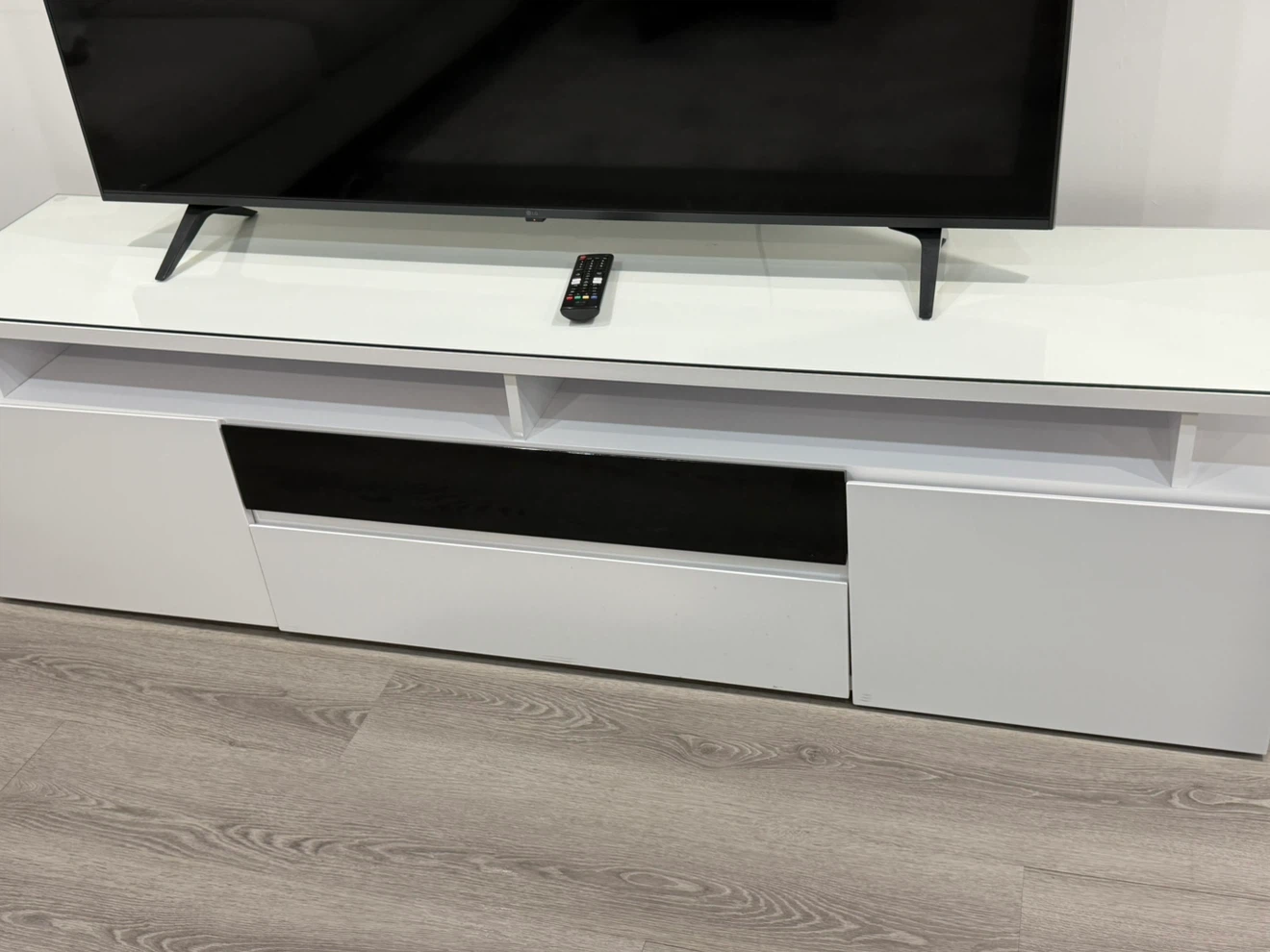 White TV Stand with Glass Top