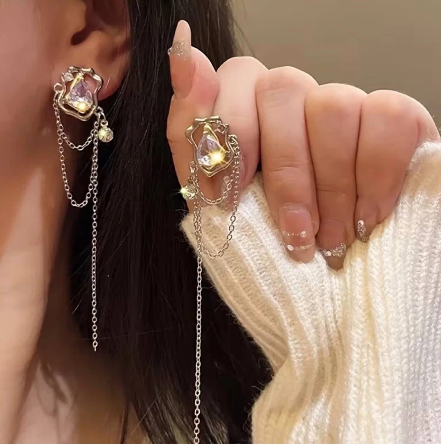 Crystal Drop Earrings with Layered Chain Tassels