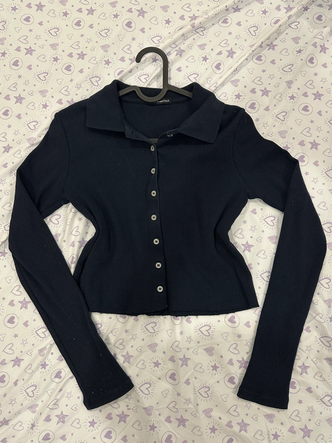 Brandy Melville Navy Blue Ribbed Collared Button-Up Cardigan