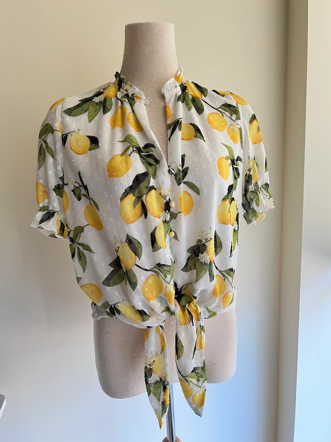 White Lemon Print Ruffle Sleeve Blouse