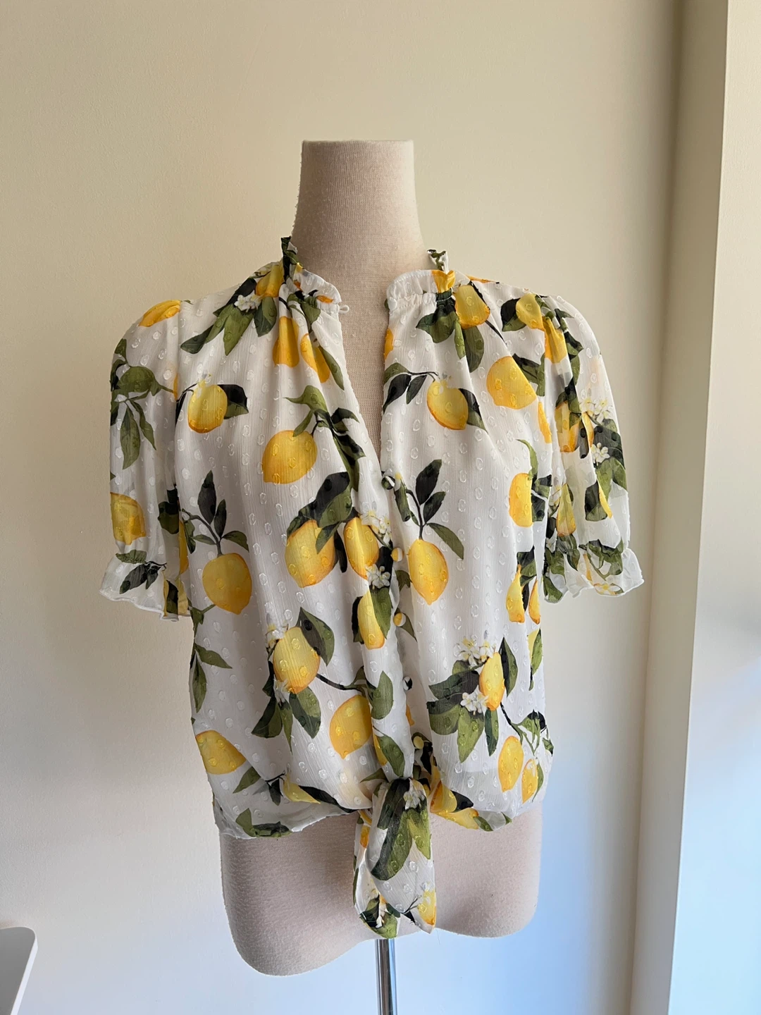 White Lemon Print Ruffle Sleeve Blouse - photo 2