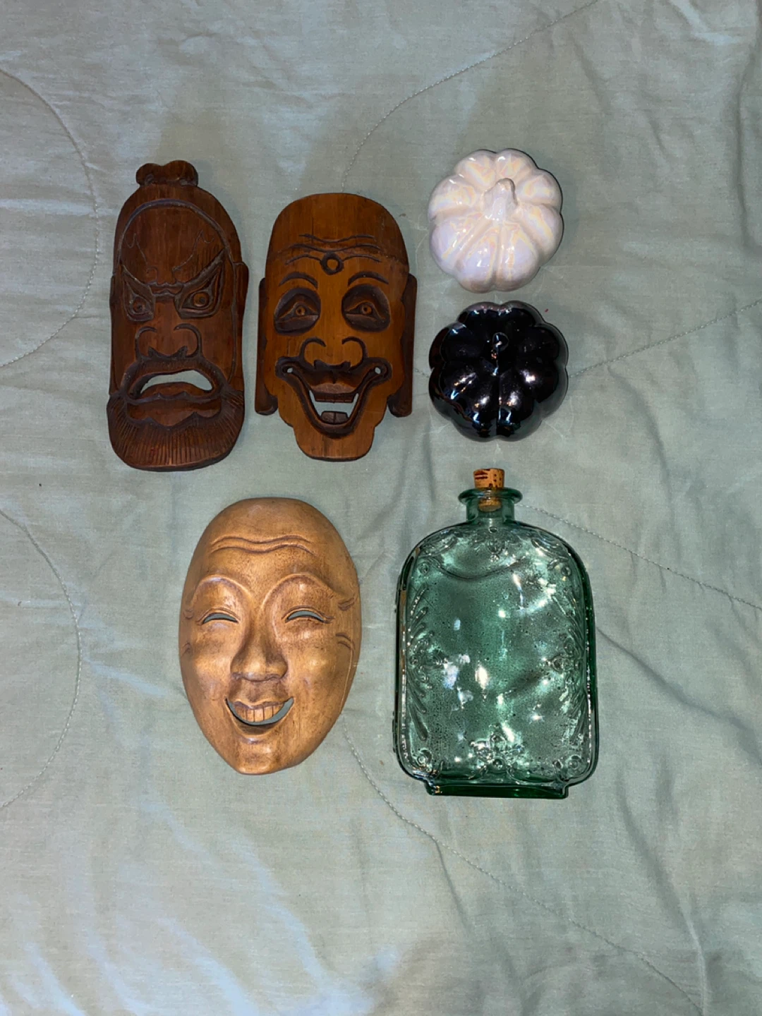 Assorted Decorative Masks, Glass Gourds  and Glass Bottle