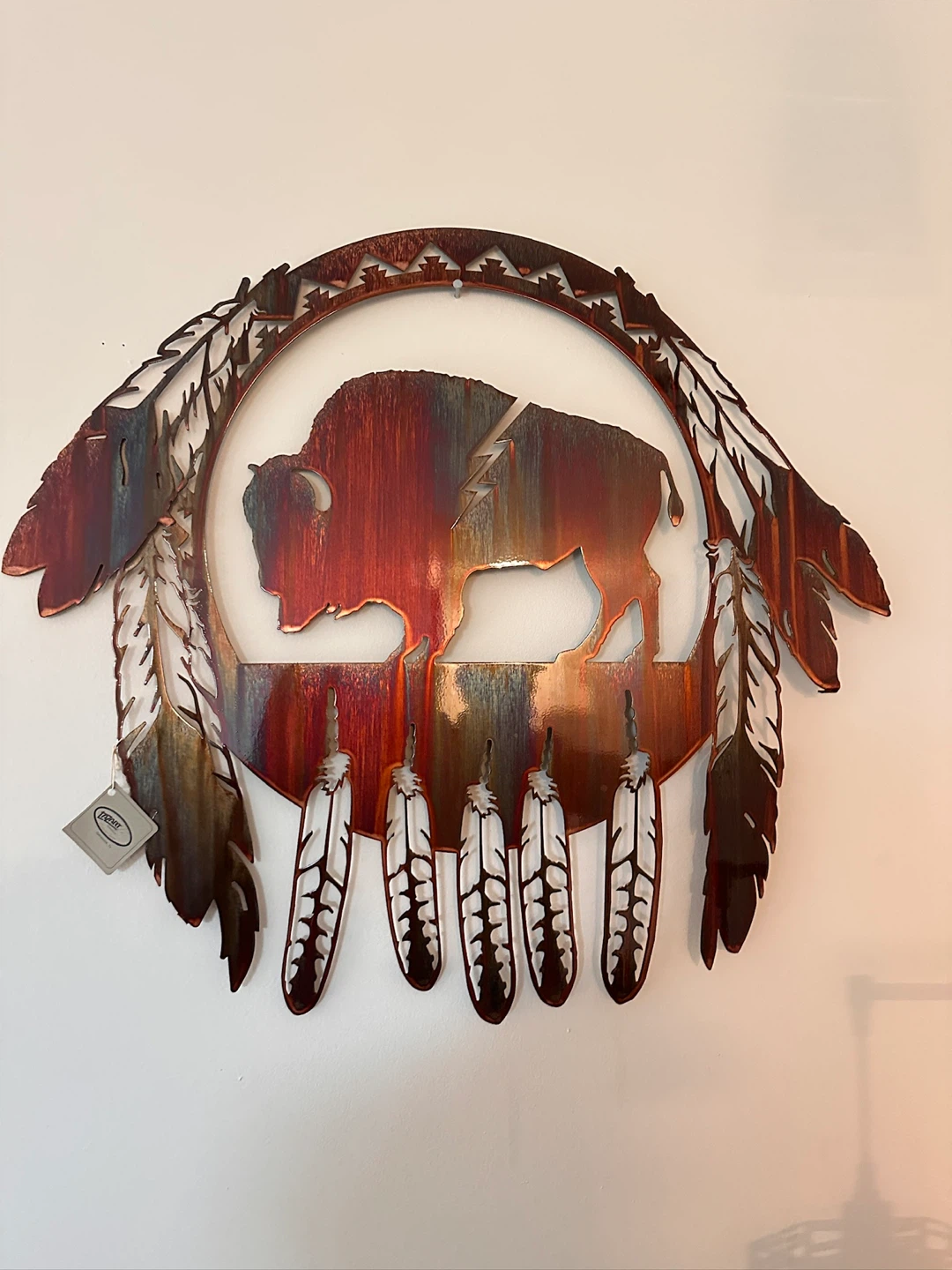 Metal Bison and Feathers Wall Art