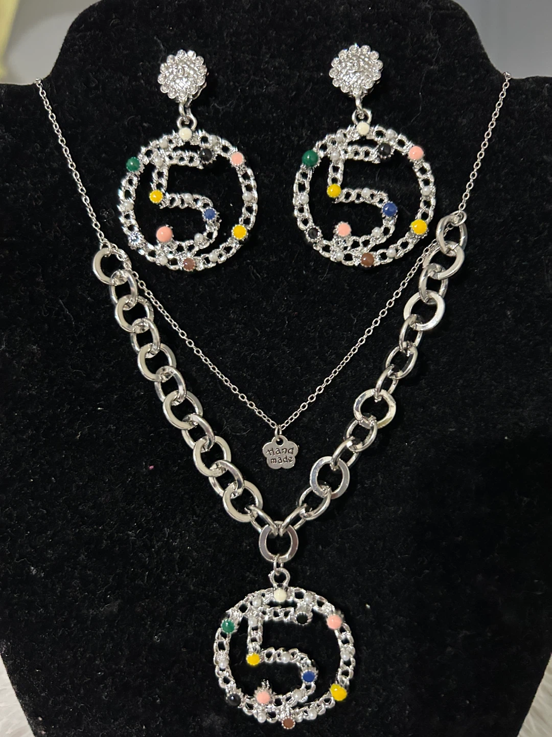 Silver Layered Necklace and Earrings Set with "5" Design