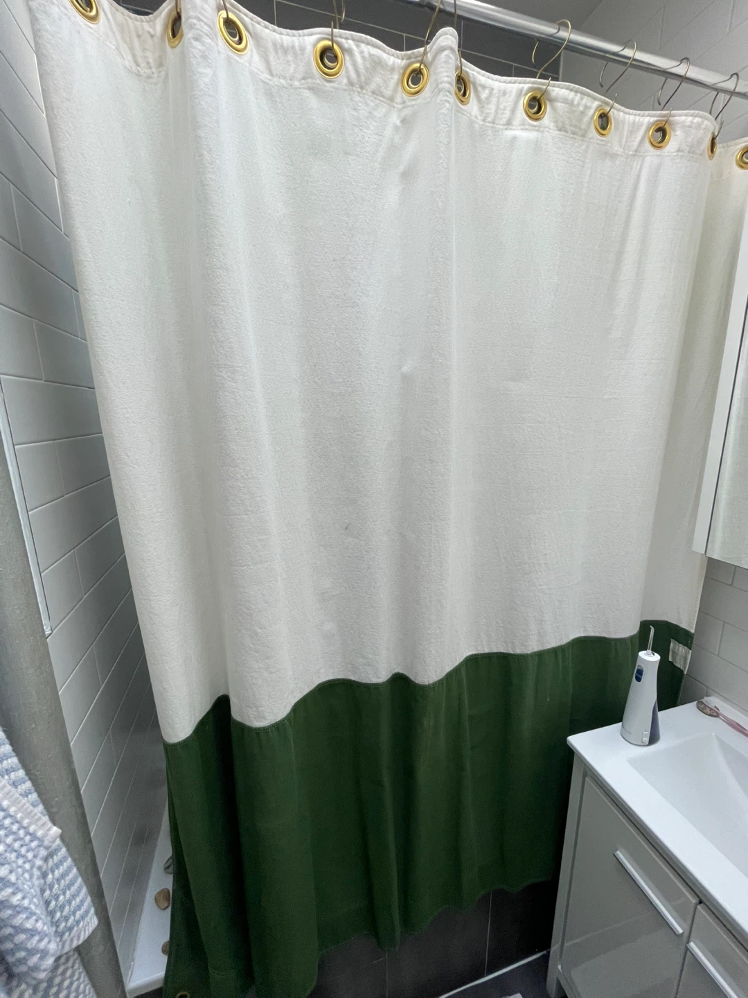 Green and White Fabric Shower Curtain