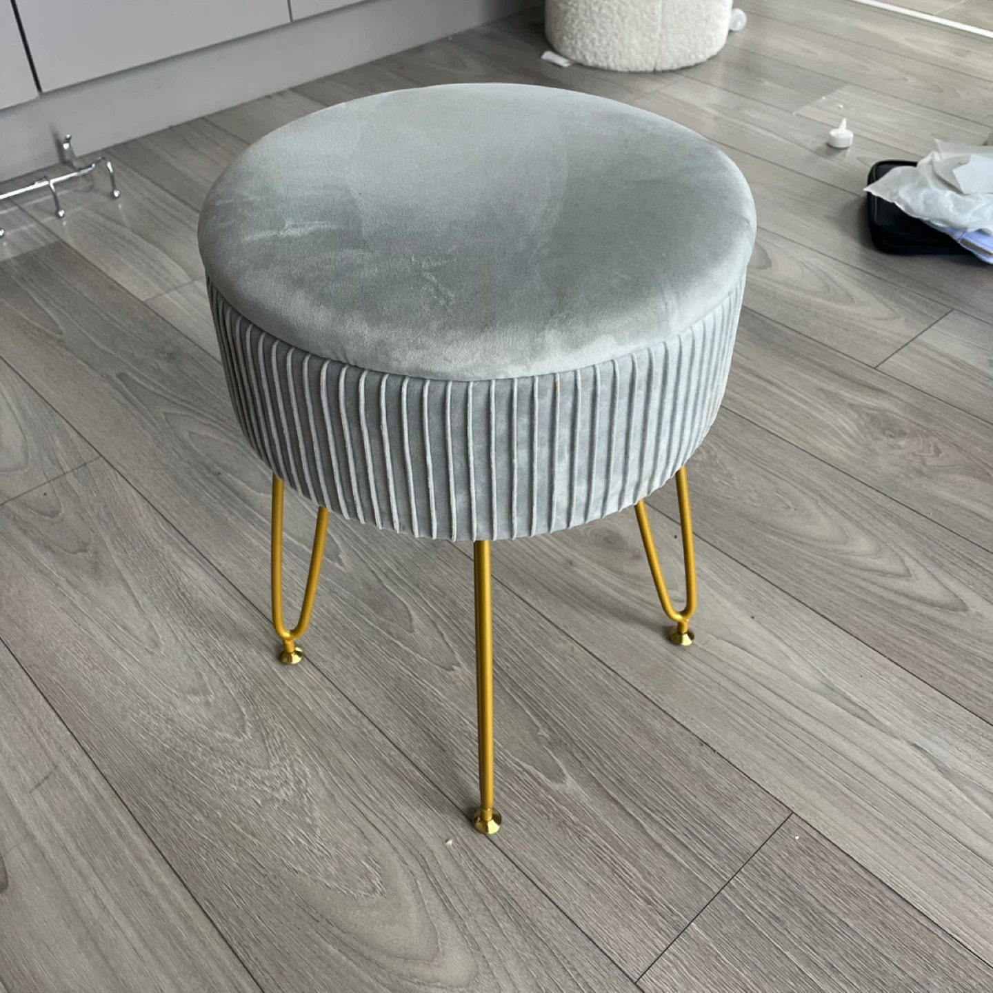 Grey Velvet Storage Stool with Gold Legs