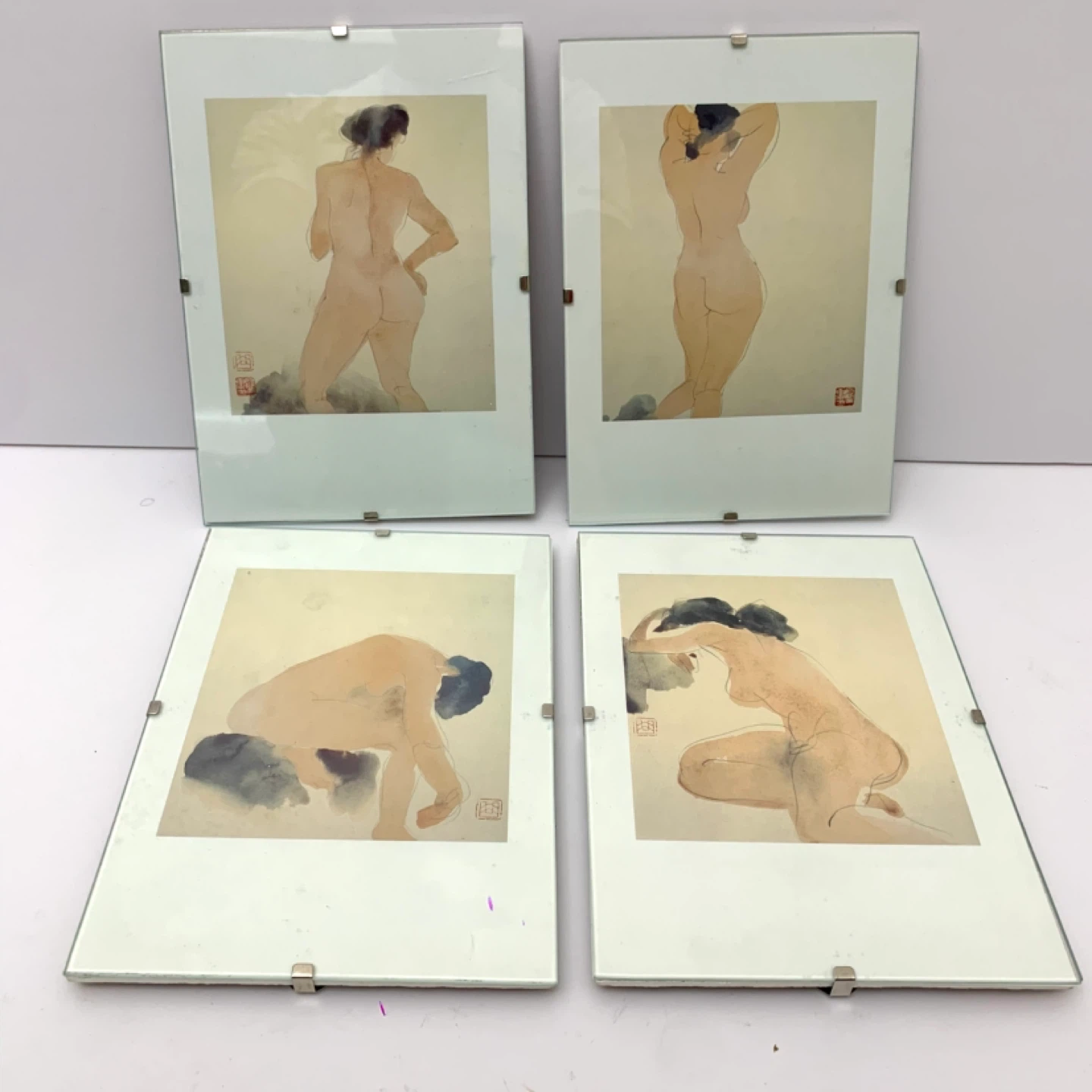 Vintage Art Prints Figure Drawings Glass Frames Set Of 4 Decor