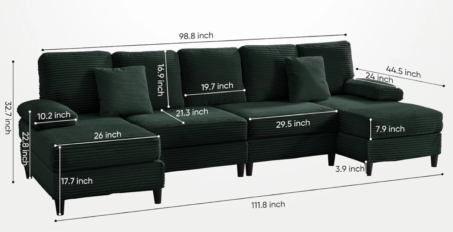 Dark Green Corduroy Sectional Sofa - photo 2