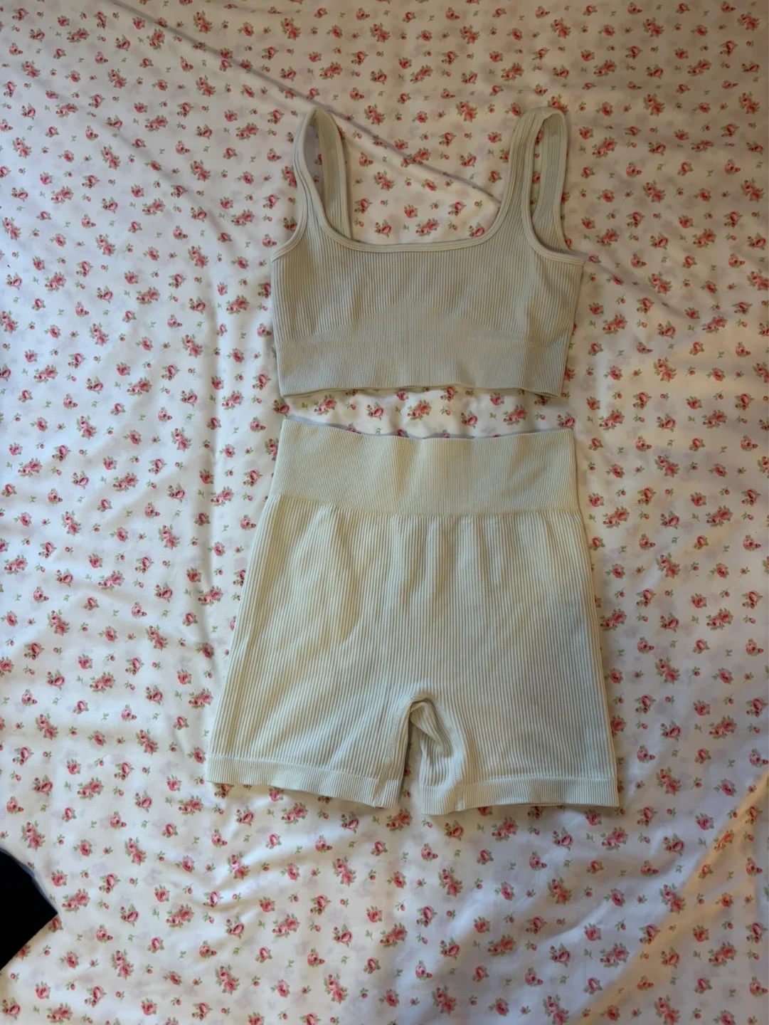 Cream Ribbed Sports Bra and Shorts Set
