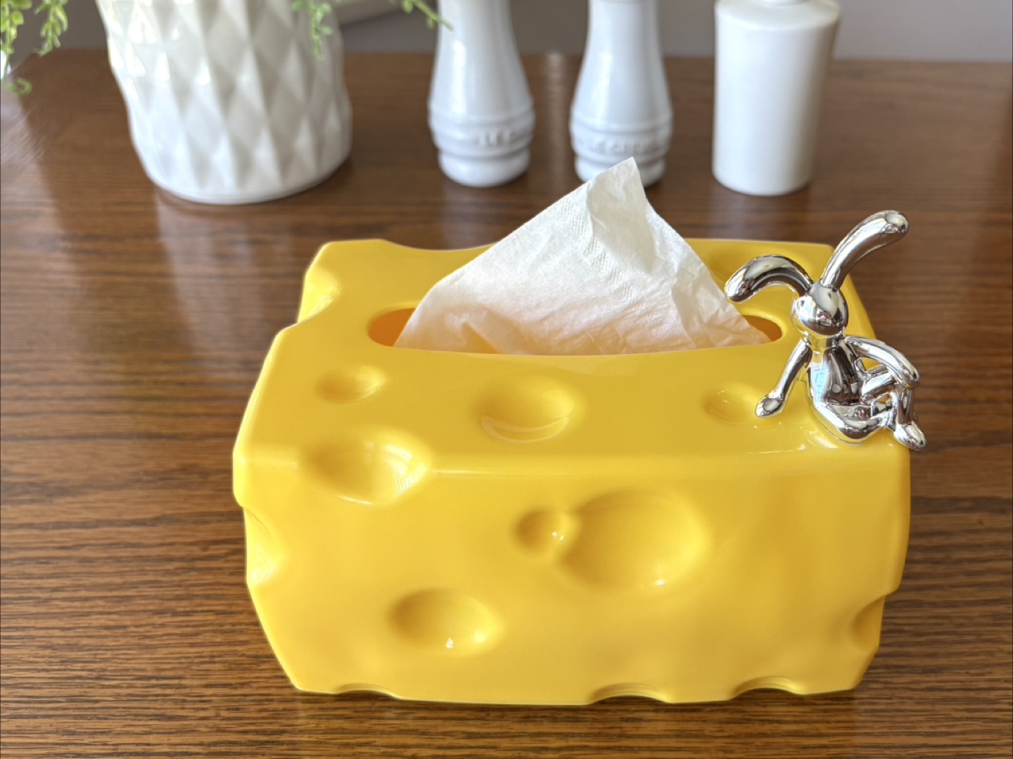 Yellow Cheese Tissue Box Cover with Bunny Figurine