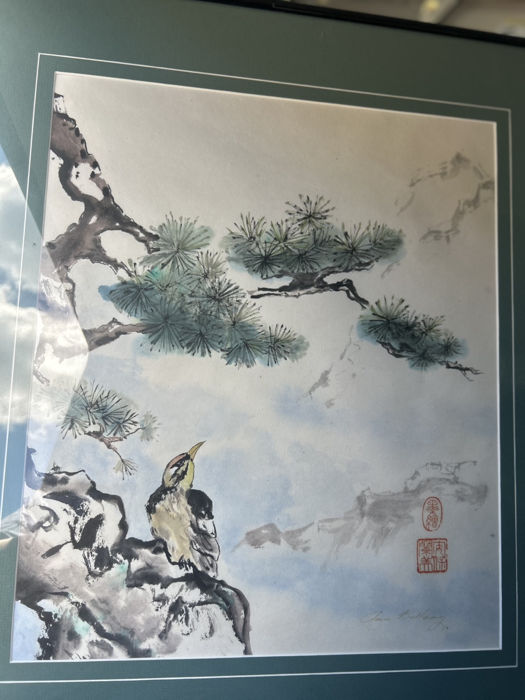 Framed Watercolor Painting of Bird and Pine Tree