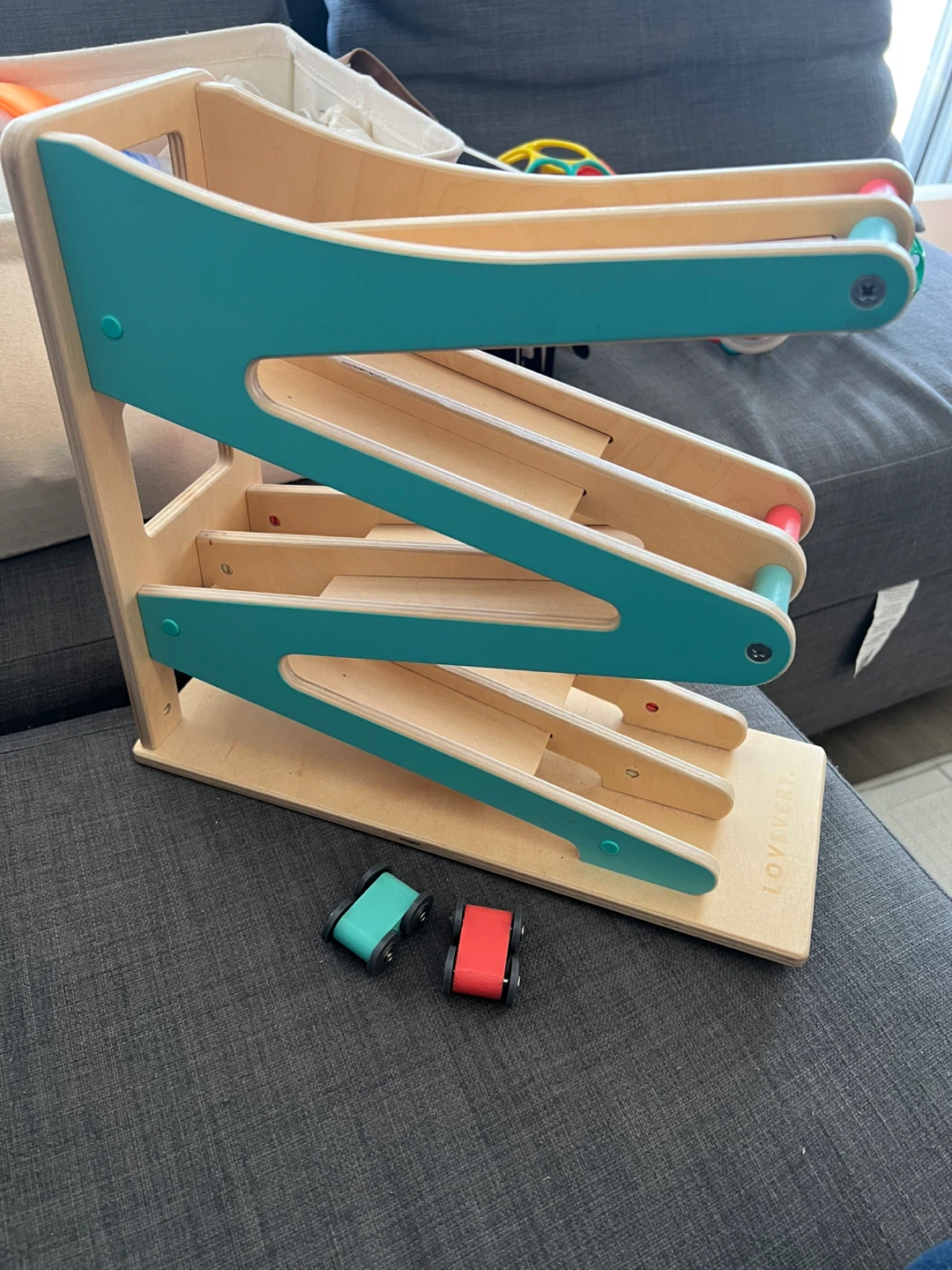 Lovevery Wooden Ball Run Ramp Toy with Cars