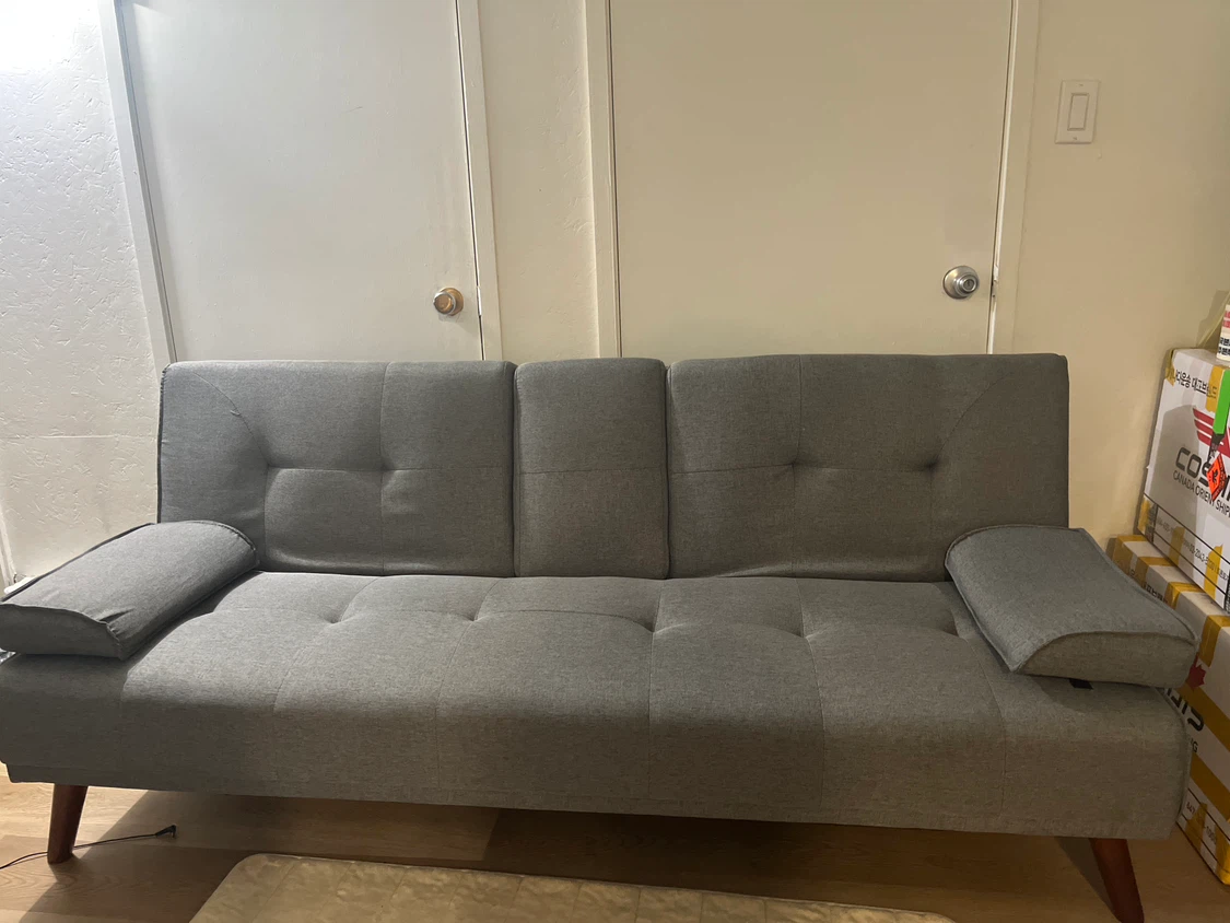 Grey Futon Sofa Bed with Cup Holders