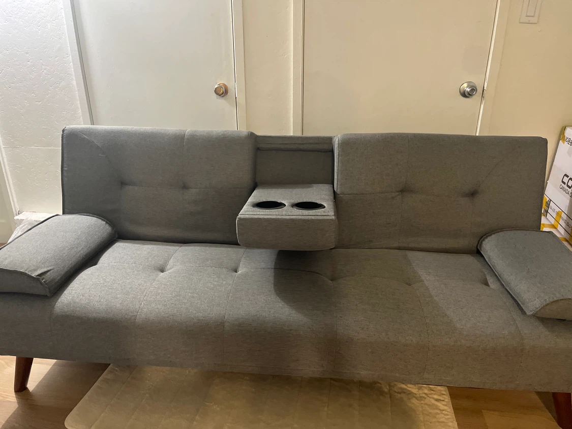 Grey Futon Sofa Bed with Cup Holders - photo 3