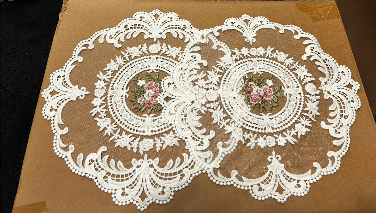 Vintage White Lace Doilies with Floral Embroidery - Set of 2