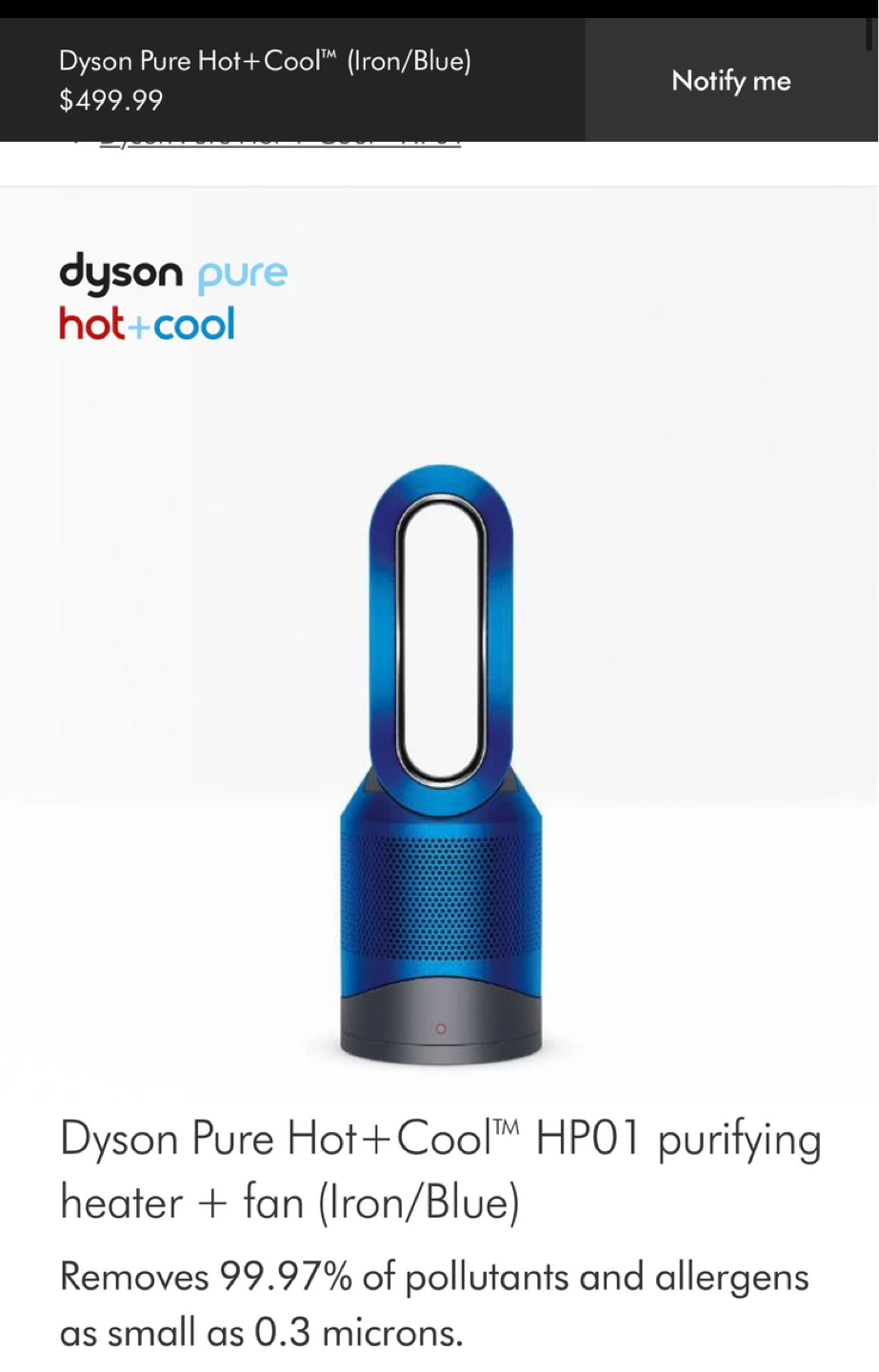 Dyson Pure Hot+Cool HP01 Purifying Heater + Fan (Iron/Blue)
