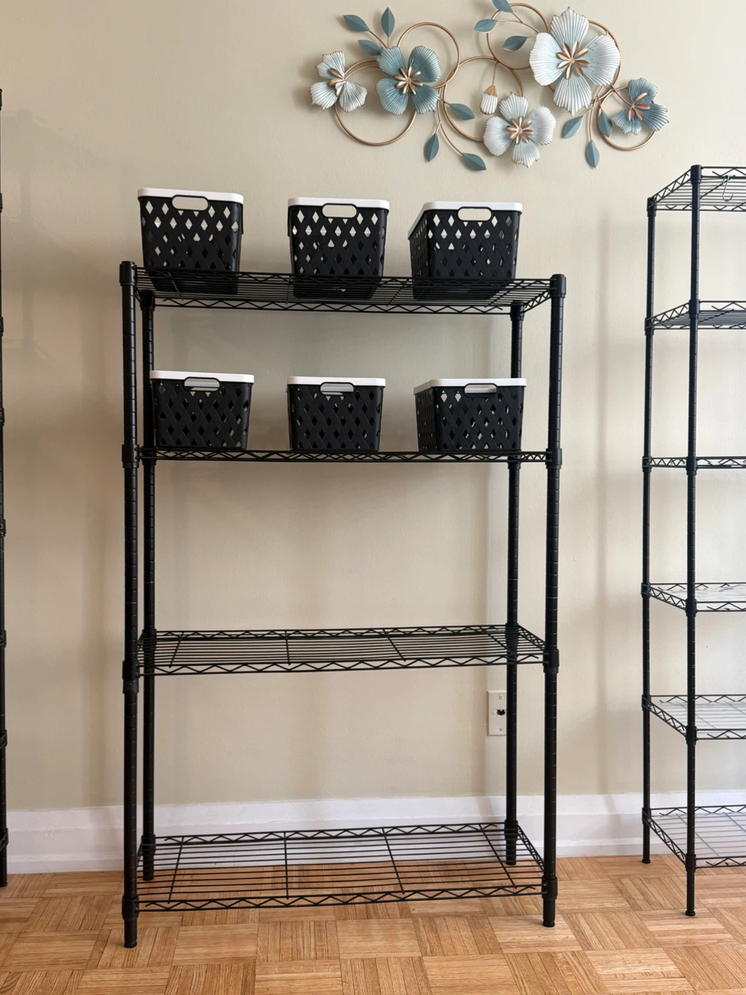 Black 4-Tier Wire Shelving Unit with 6 free storage baskets