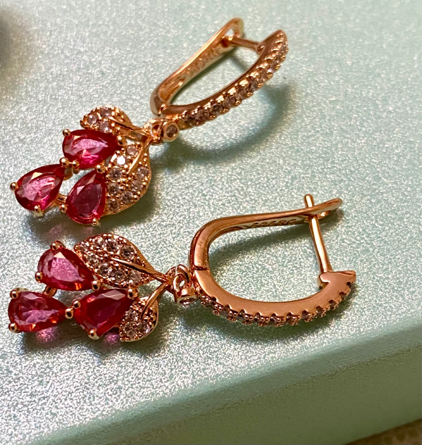 Rose Gold Tone Dangle Earrings with Red Stones - photo 2