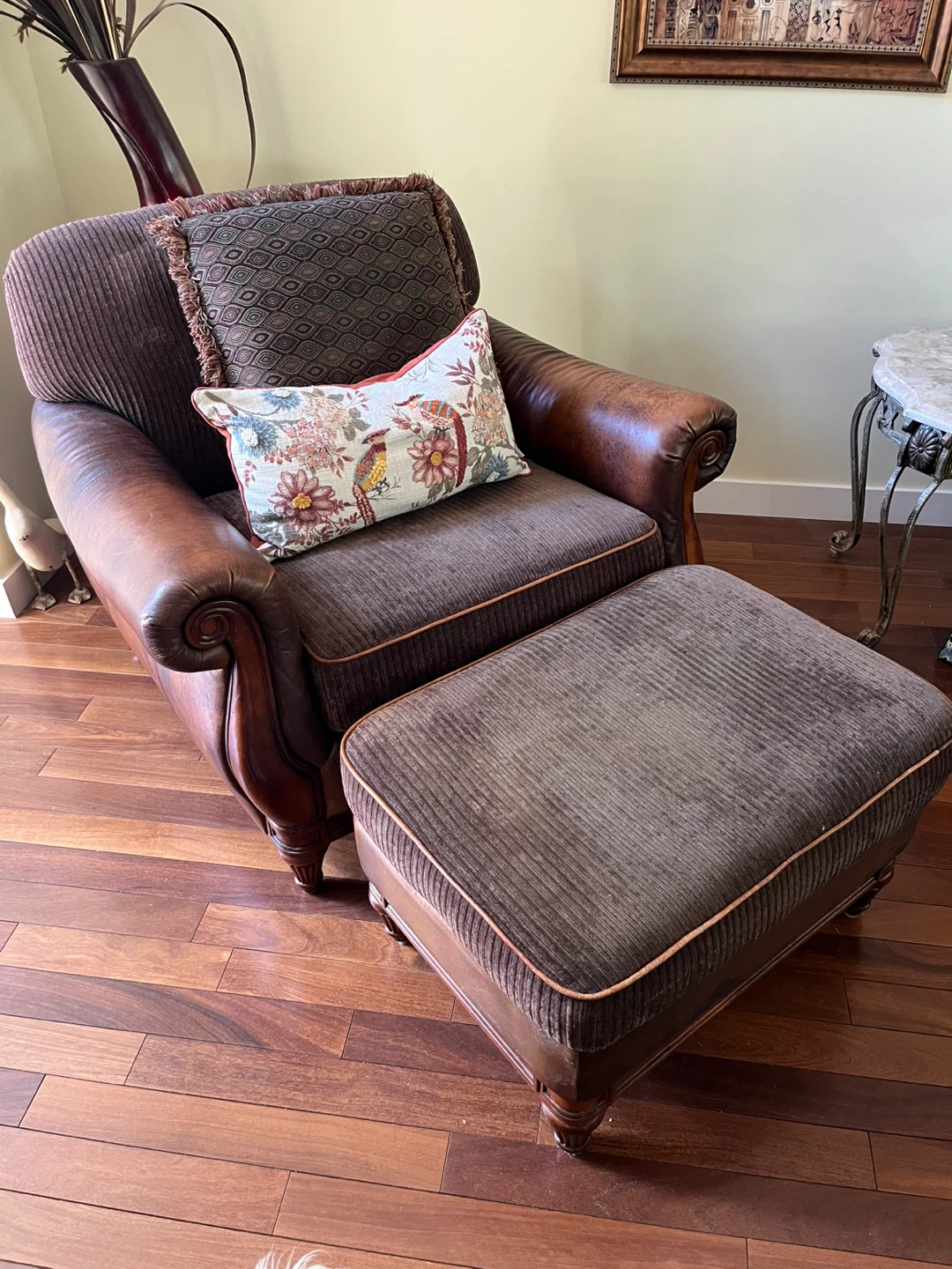 Brown Leather and Fabric Sofa with Matching Chair and Ottoman