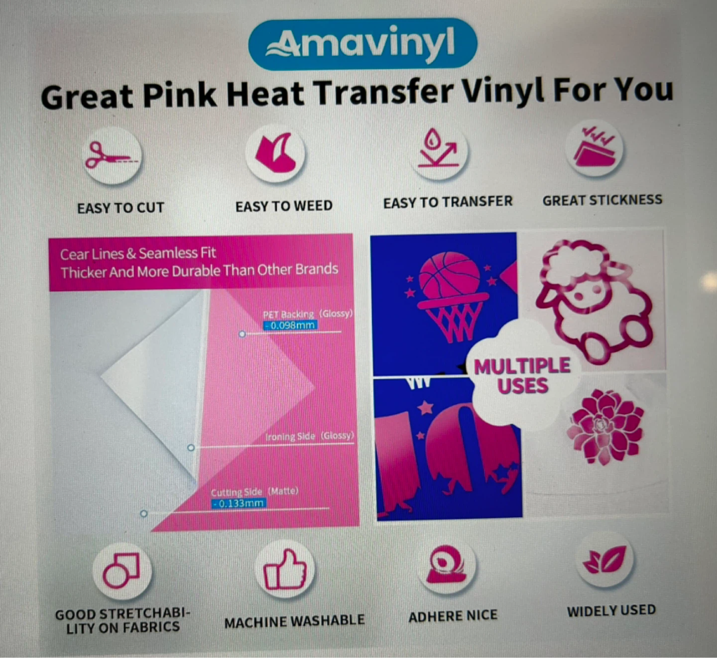 Amavinyl Great Pink Heat Transfer Vinyl - 12" x 10 FT - photo 4