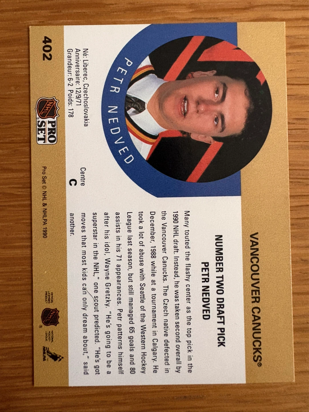Pro Set 1990 Petr Nedved Vancouver Canucks Hockey Card - photo 2