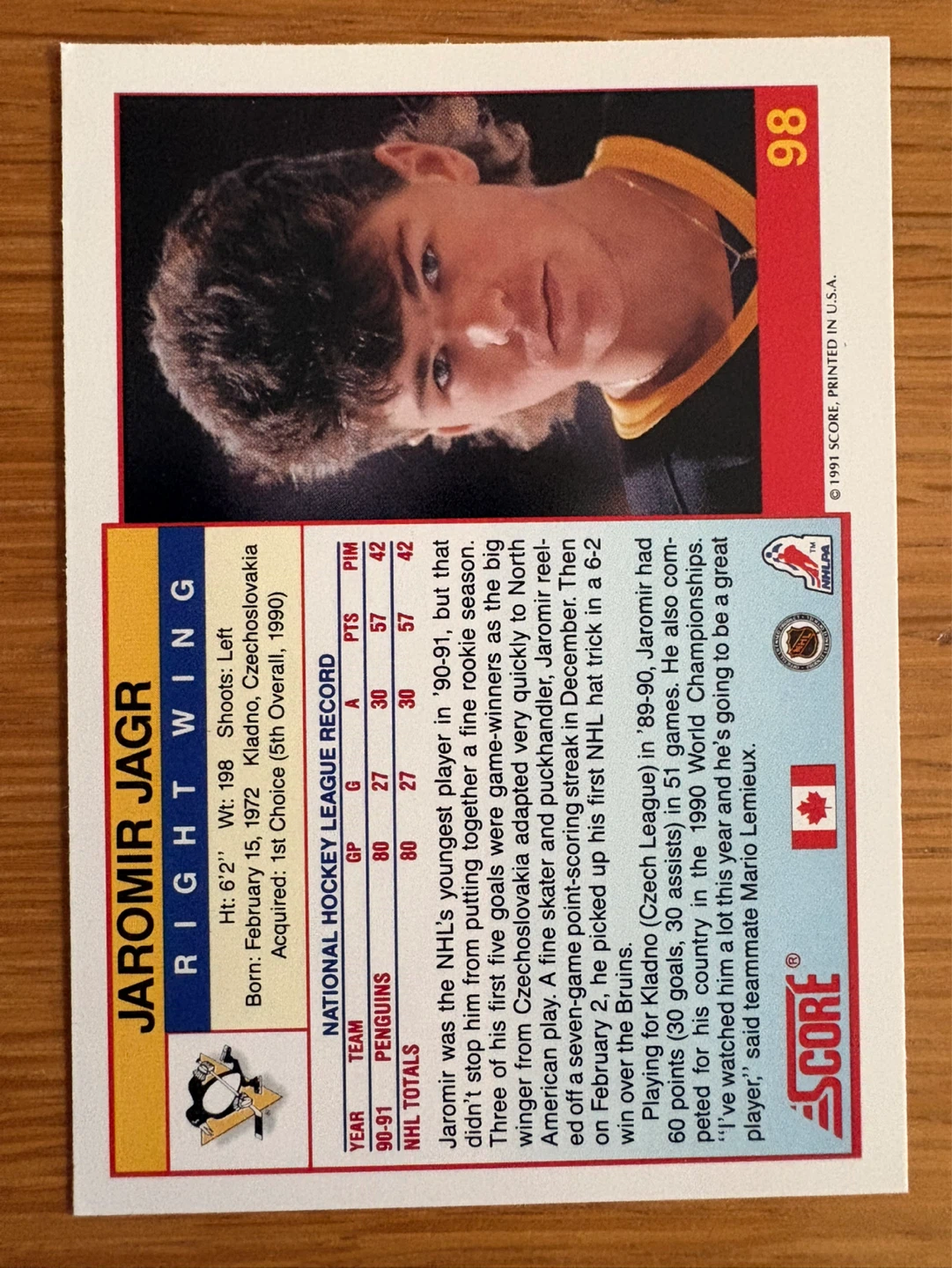 1991 Score Jaromir Jagr Hockey Card - photo 2