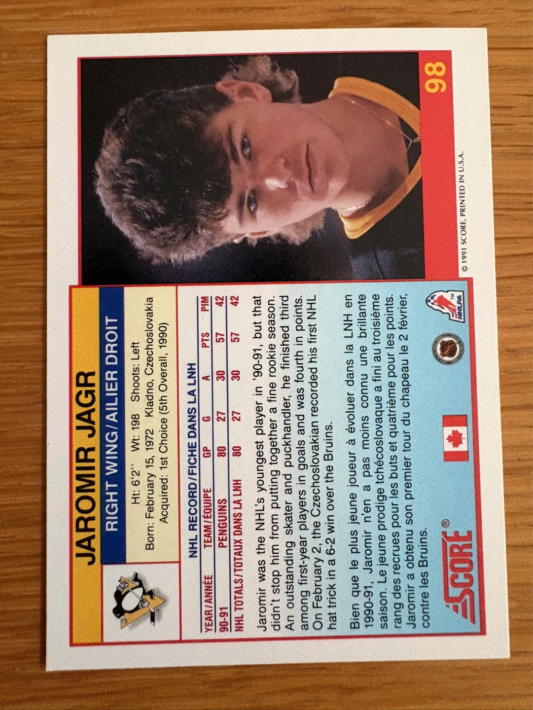 1990-91 Score Hockey Card Jaromir Jagr #98 - photo 2