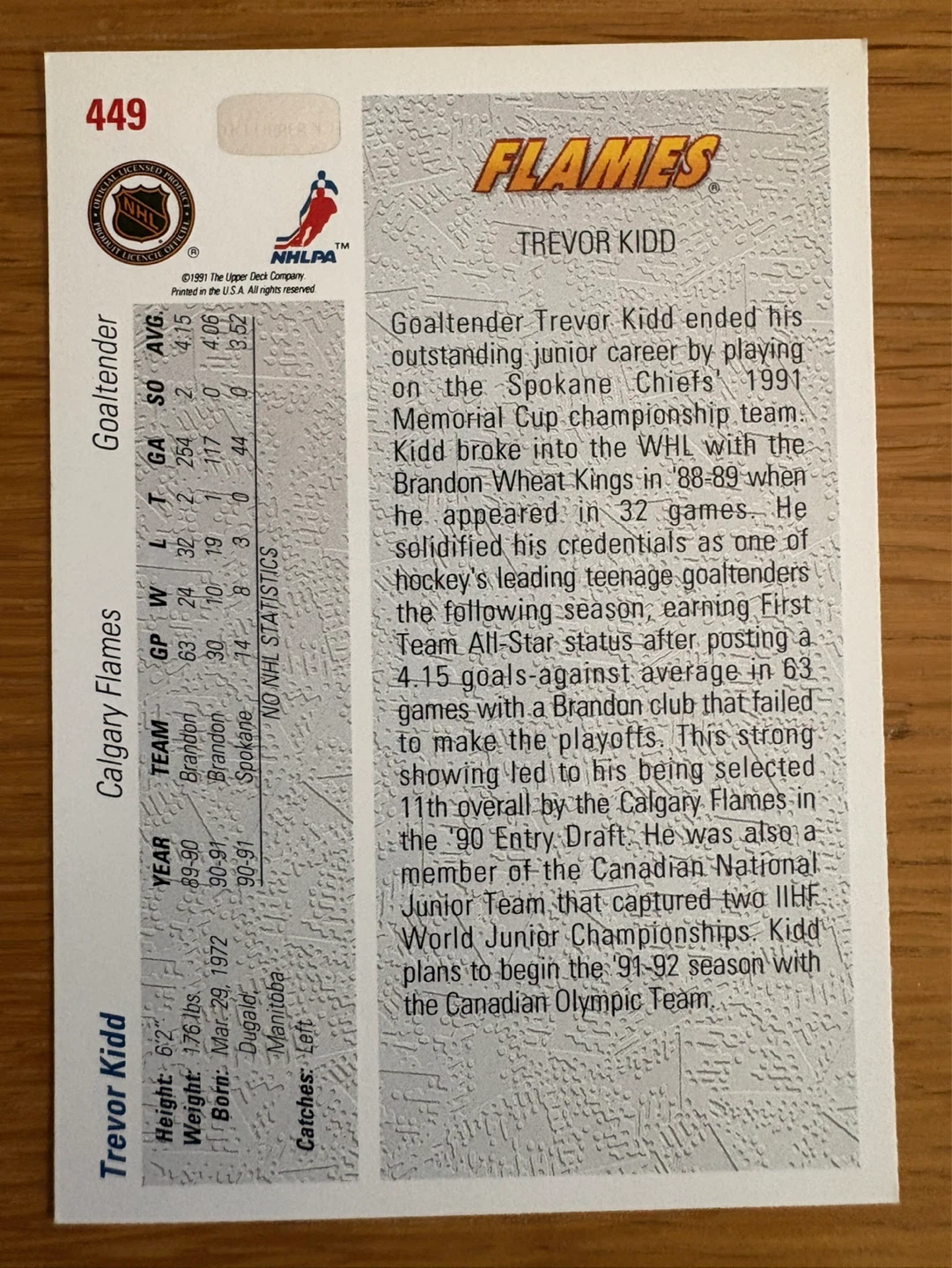 1991 Upper Deck Trevor Kidd Calgary Flames Hockey Card - photo 2