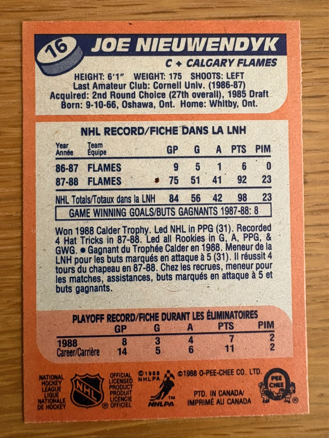 1988 O-Pee-Chee Joe Nieuwendyk Calgary Flames Hockey Card - photo 2