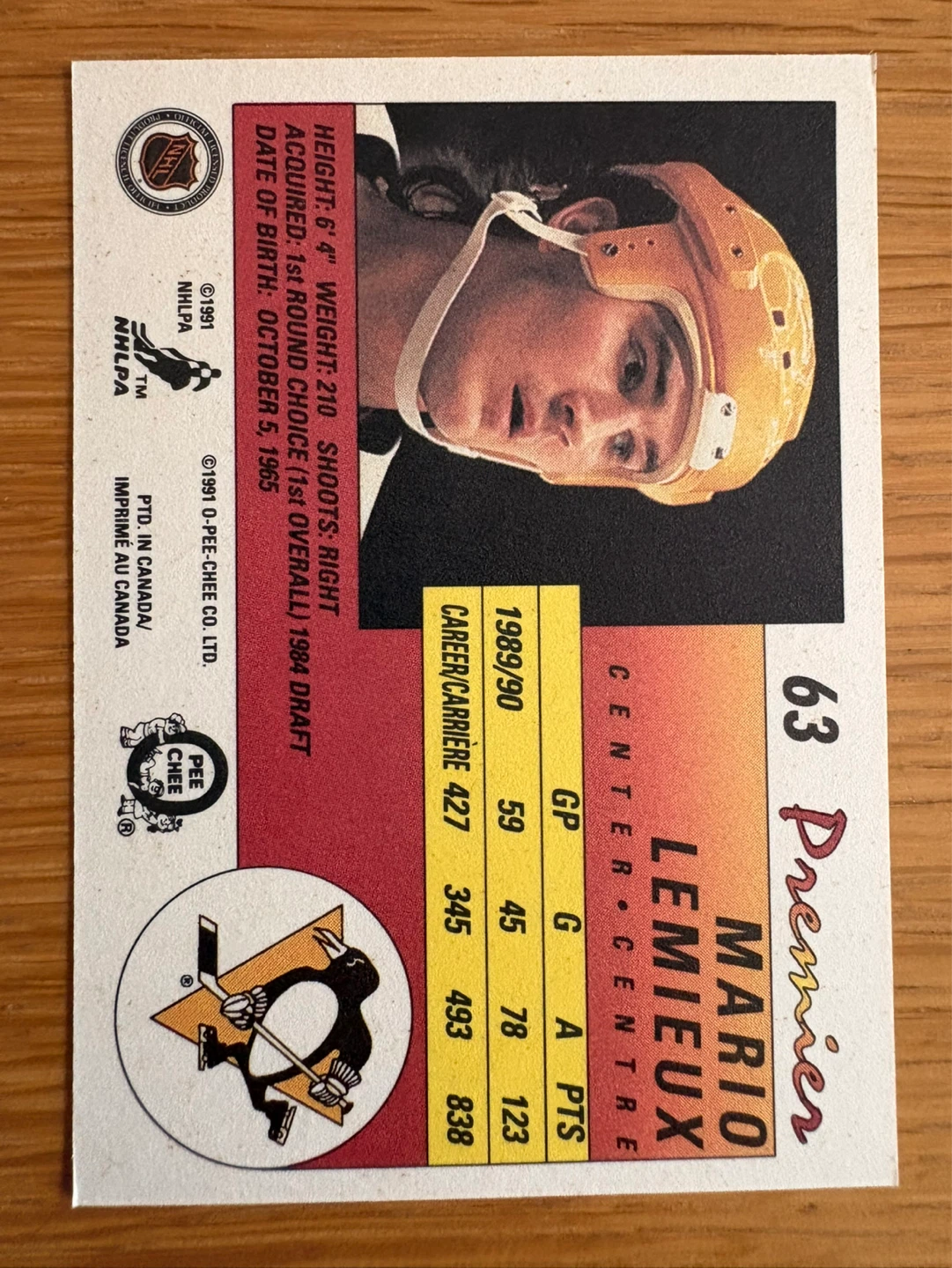 1991 O-Pee-Chee Premier Mario Lemieux Hockey Card - photo 2